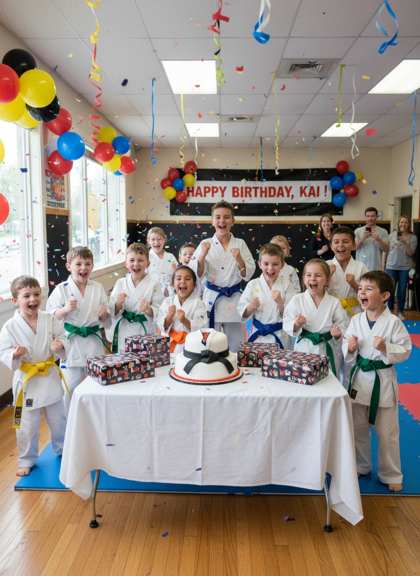 Kids celebrating at a karate birthday party in a dojo