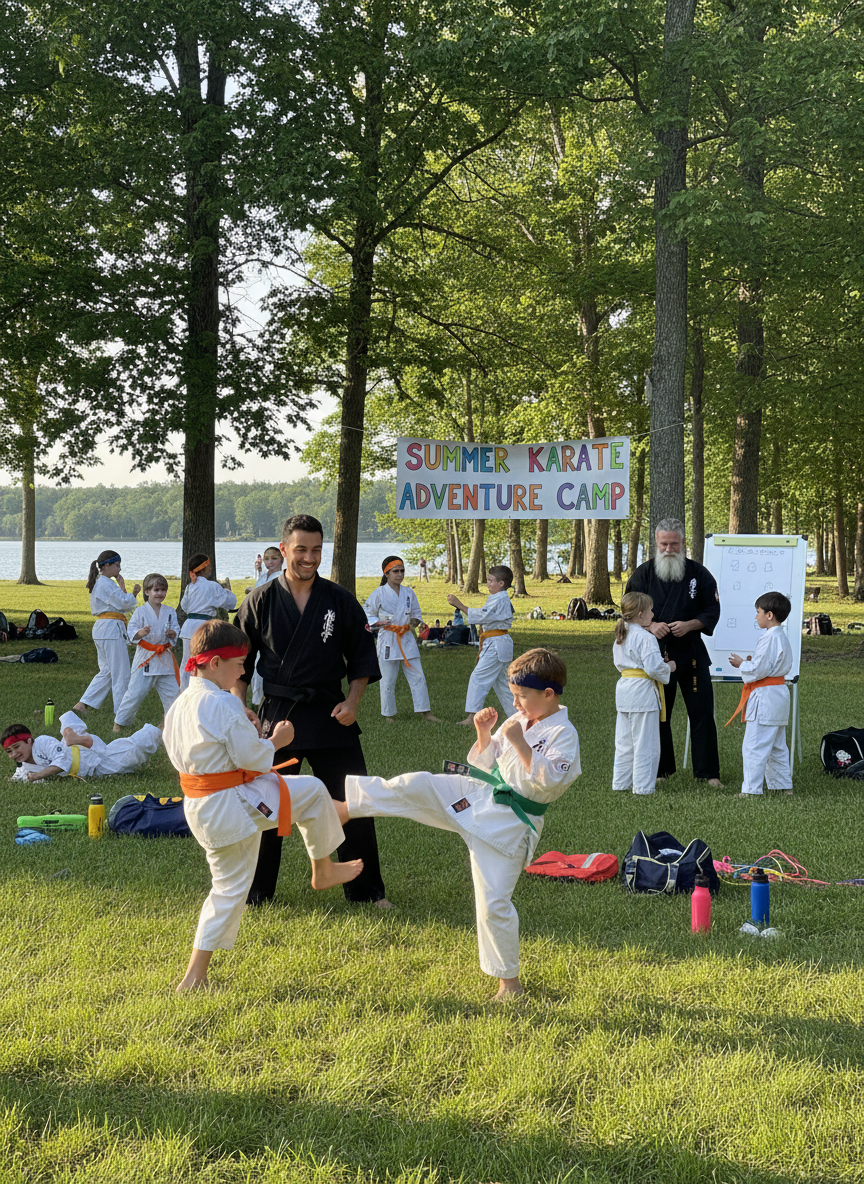 Kids training at a karate summer camp outdoors