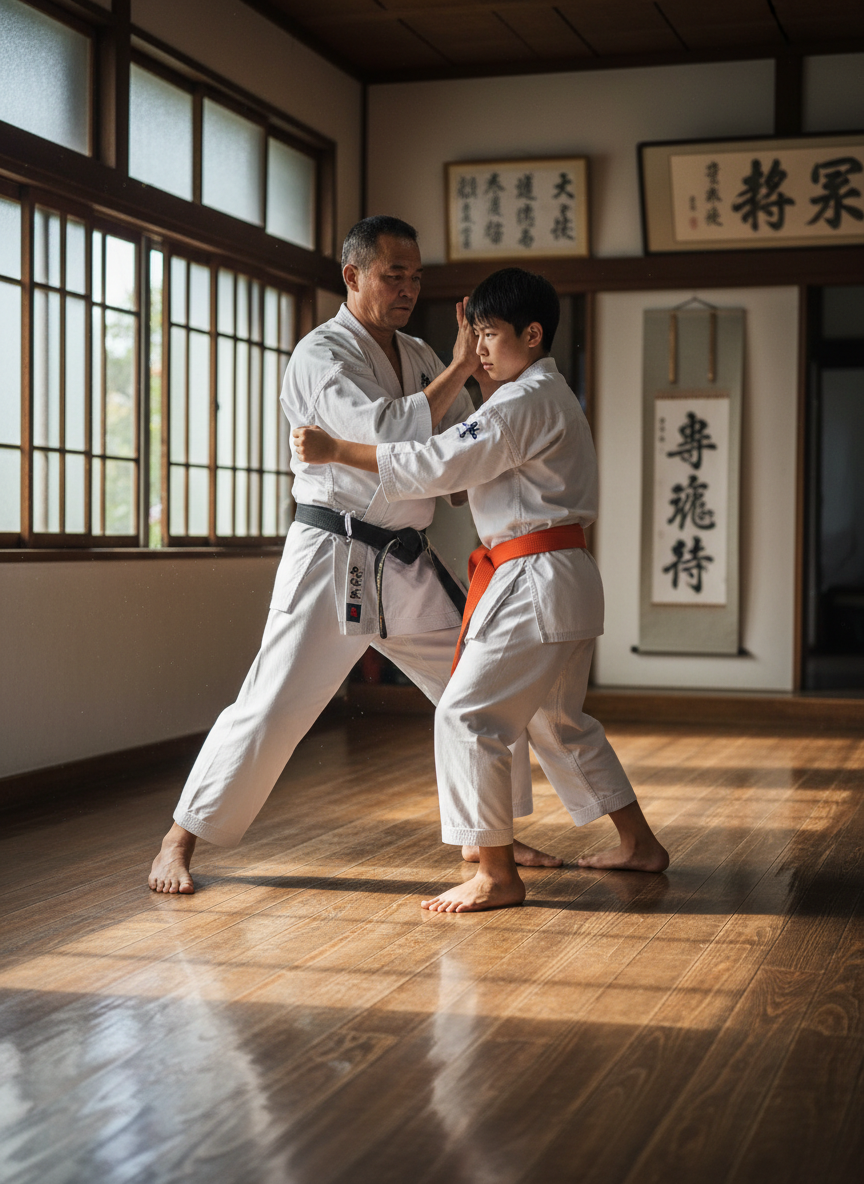 One-on-one private karate training session with sensei